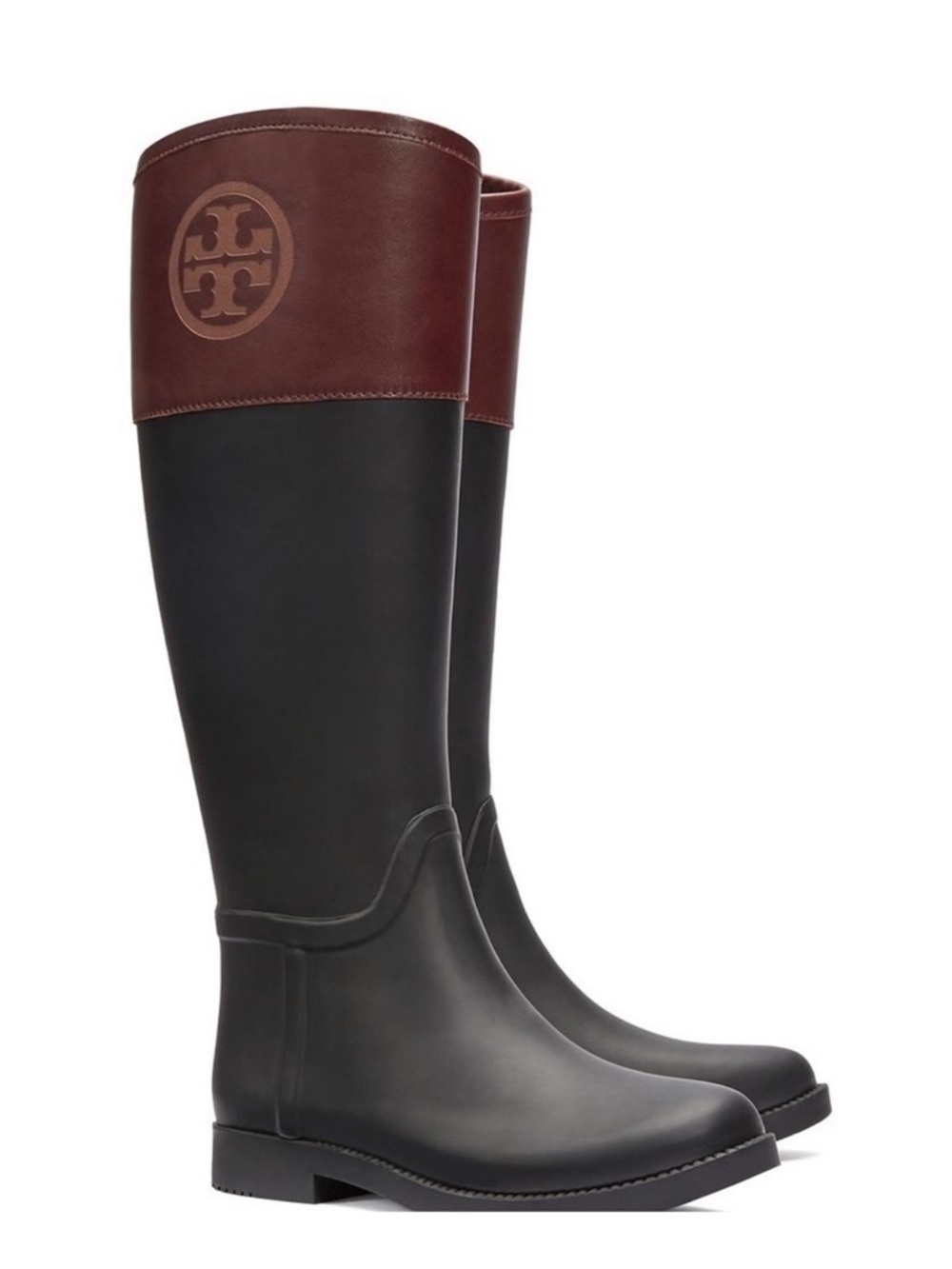 Tory Burch Black Rubber Over-the-Knee Boots with Brown Leather Cuff
